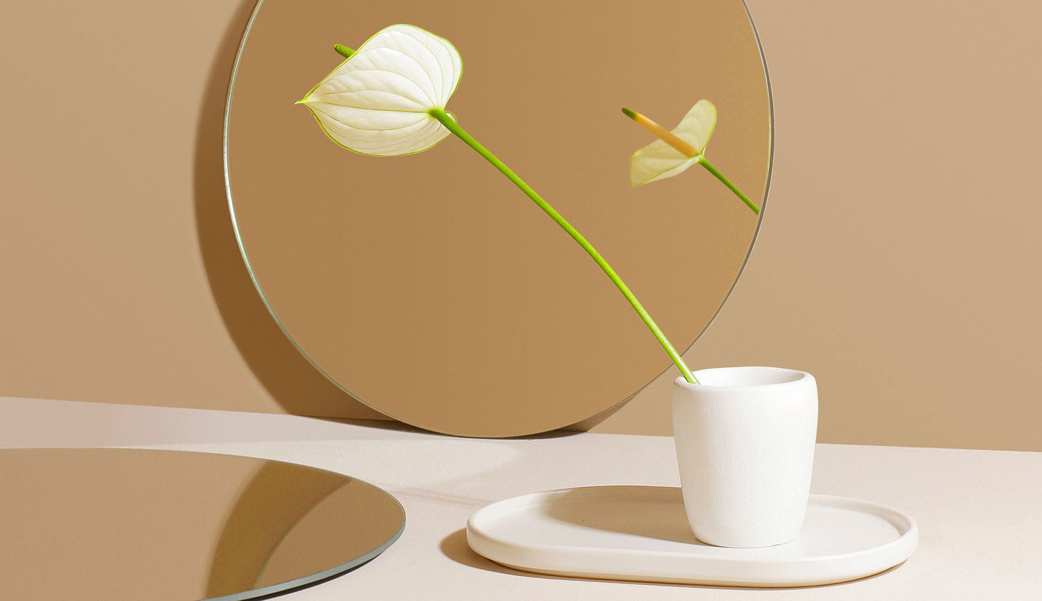 A white Anthurium flower sits in a white cup on a white tray and is reflected in a round mirror in front of a tan wall. Image by Marina Podrez.